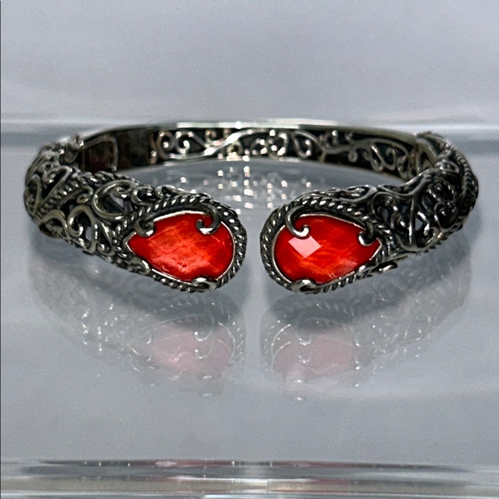 Carolyn Pollack Sterling Silver Genuine Red Coral Hinged Bangle Bracelet Boho